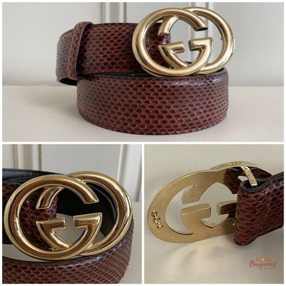 Authentic Gucci Maroon Python Leather Gold Interlocking G Buckle Belt Size 75/30 - Picture 5 of 13